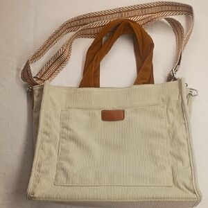 Cluci Beige Corduroy Tote Bag with Brown Handles